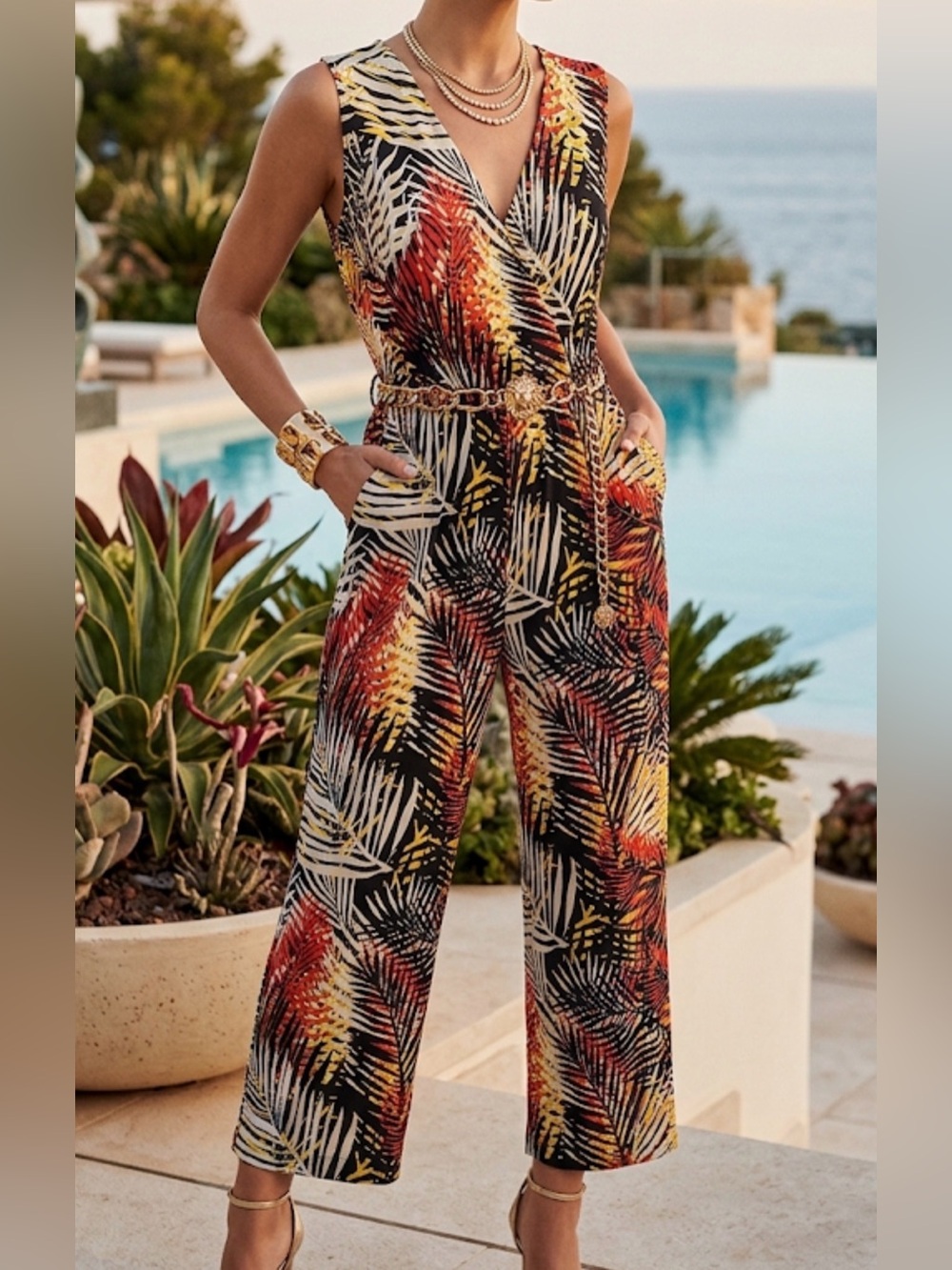 Tacera Tropical Palm Leaf Print Wide Leg Jumpsuit XL Orange Black V-Neck 9915DT